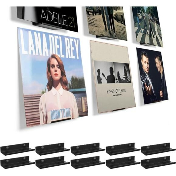 Set of 10 vinyl record wall mount shelves black metal album display storage rack - Picture 1 of 7
